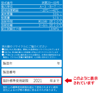 使用期限を過ぎた消火器は速やかに更新してください。