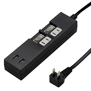 個別スイッチ付タップ 2個口+USB2ポート 高出力3.4Aタイプ 雷ガード付 コード長2m ブラック KS422BK2UDNZ