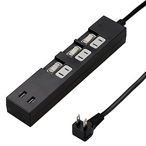 個別スイッチ付タップ 3個口+USB2ポート 高出力3.4Aタイプ 雷ガード付 コード長2m ブラック KS532BK2UDNZ