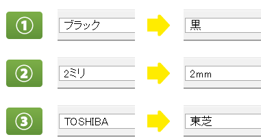 例1：検索キーワードを「ブラック」から「黒」に変更してみてください。例2：「2ミリ」から「2mm」に変更してみてください。例3：「TOSHIBA」から「東芝」に変更してみてください。